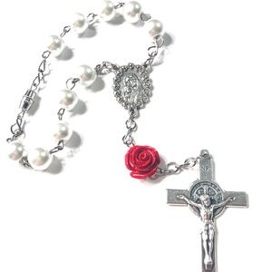 Handmade White Glass Pearl Bead Red Flower Car Rosary Rear View Mirror Catholic